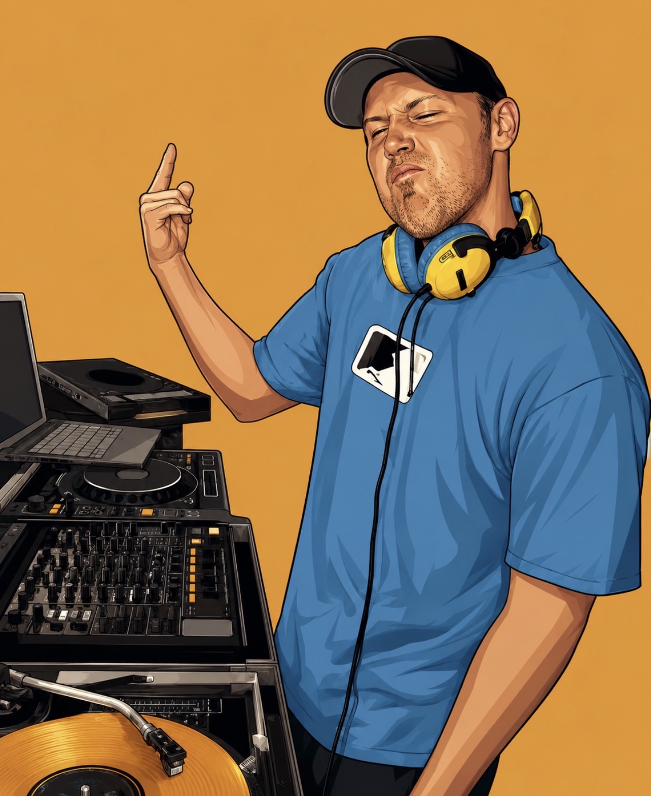 Illustration of DJ AtWill performing behind DJ equipment